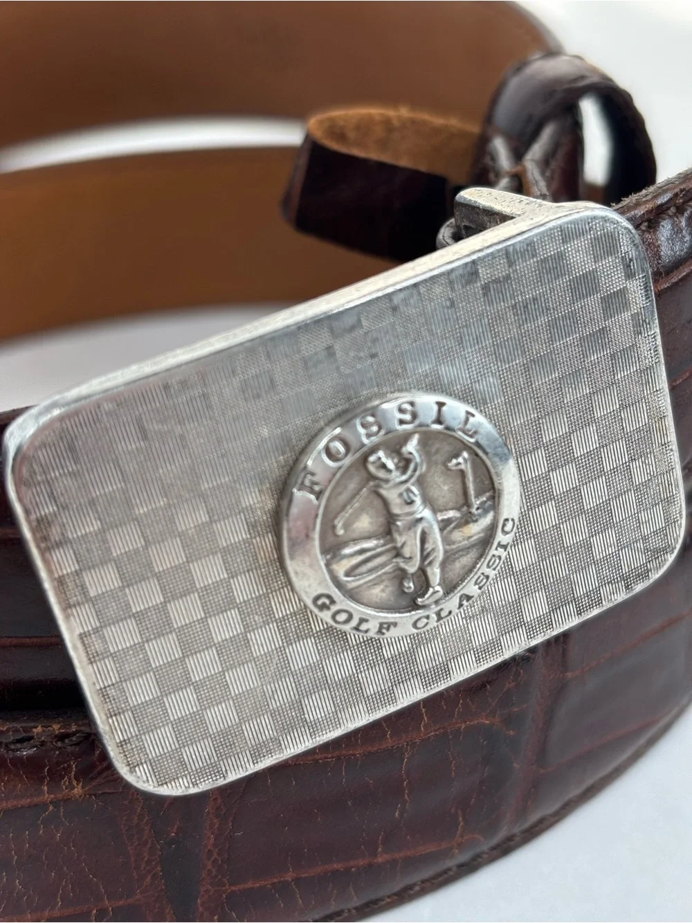 Vintage Fossil Brown Leather Belt with Silver Golf Classic Buckle Size 32 | 80